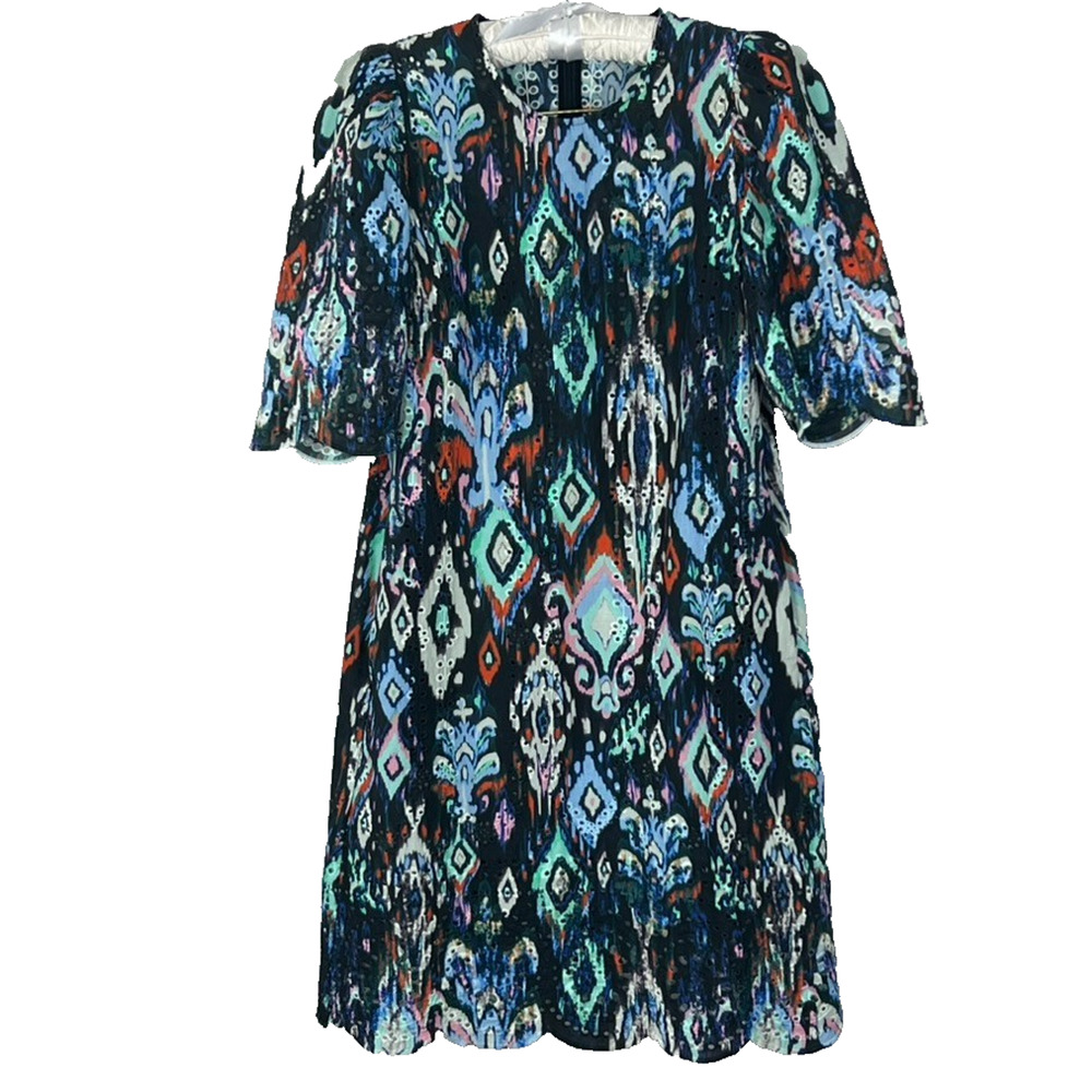 Munthe Dress Size 34 US 4 Jilliemax Ikat Eyelet Puff Sleeve Shift Midi Scalloped